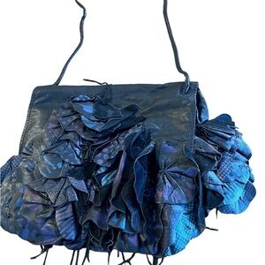 VINTAGE boho hand made black leather bag. Leather flower with fringes